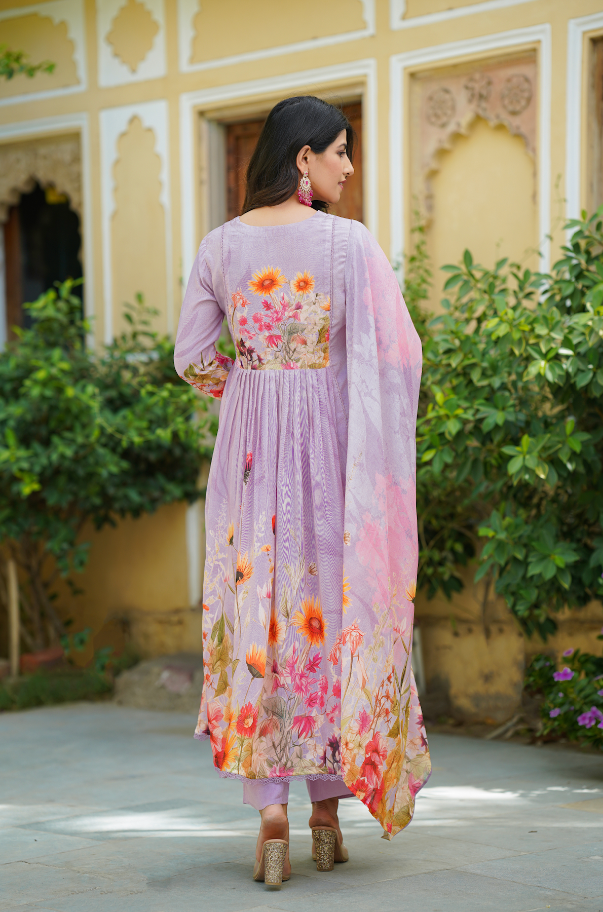Lilac Floral print Anarkali Suit Set