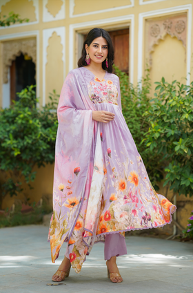 Lilac Floral print Anarkali Suit Set
