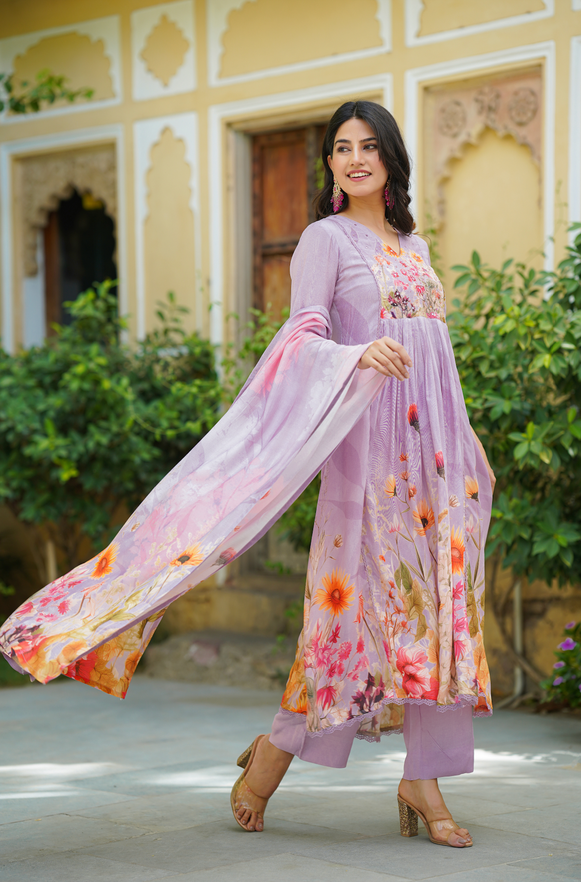 Lilac Floral print Anarkali Suit Set