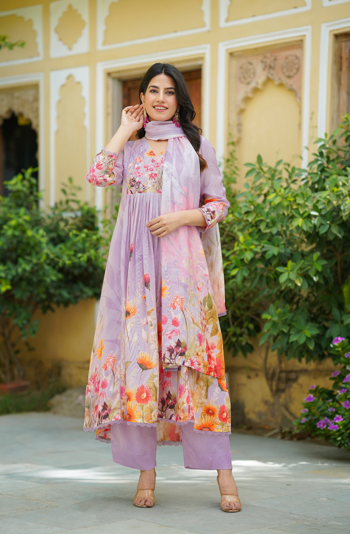 Lilac Floral print Anarkali Suit Set