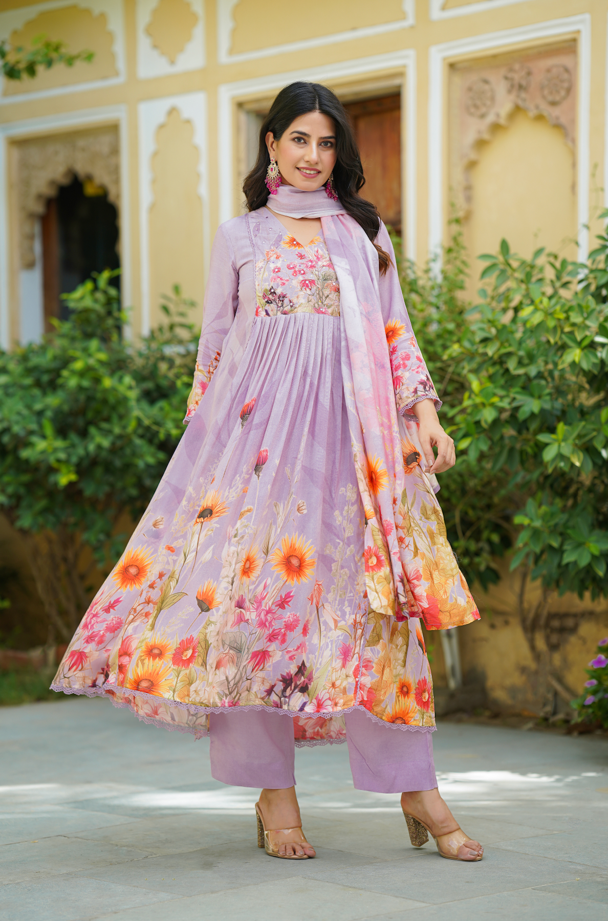 Lilac Floral print Anarkali Suit Set