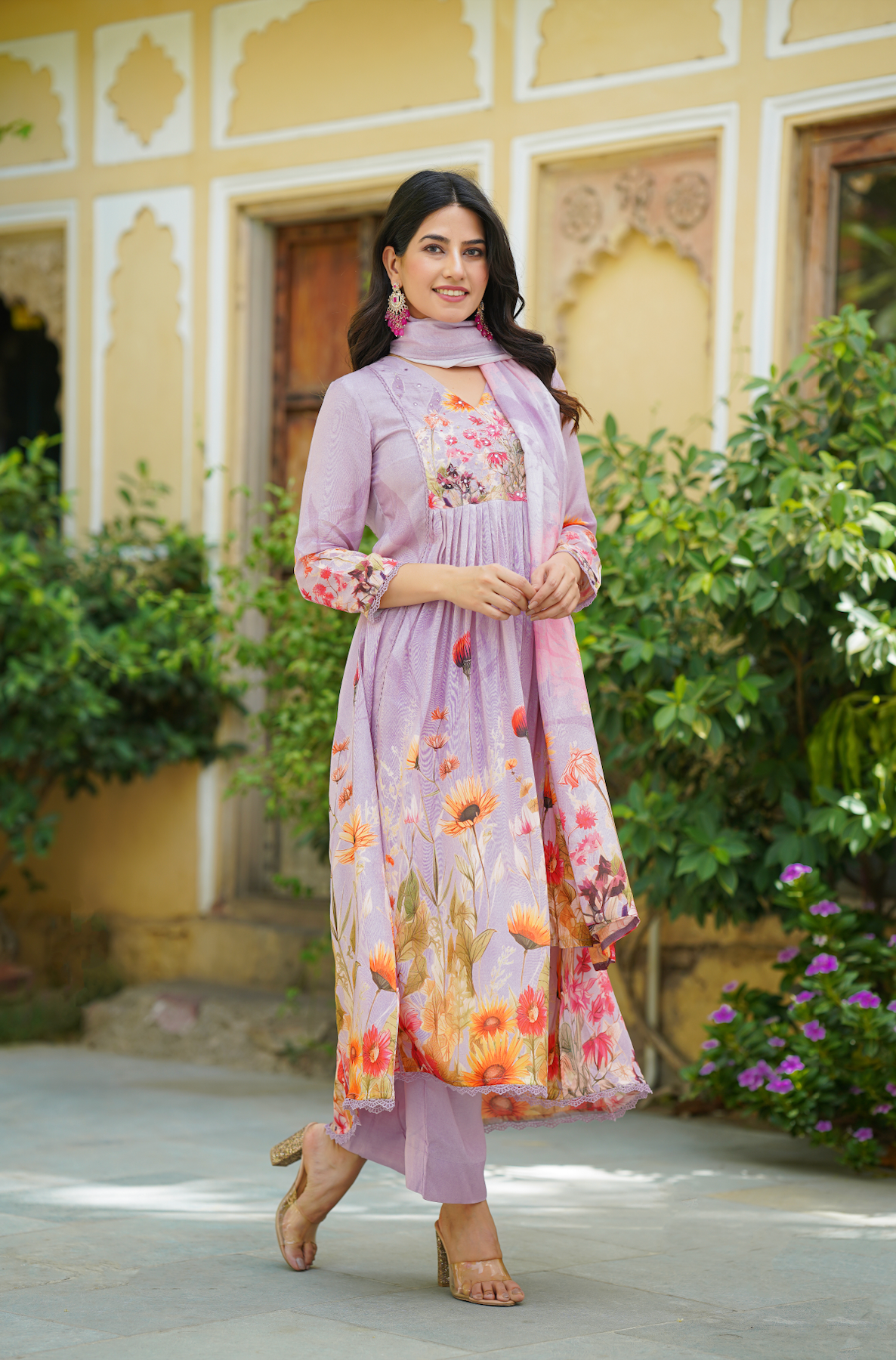 Lilac Floral print Anarkali Suit Set