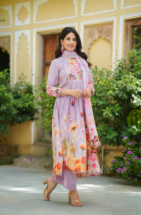 Lilac Floral print Anarkali Suit Set