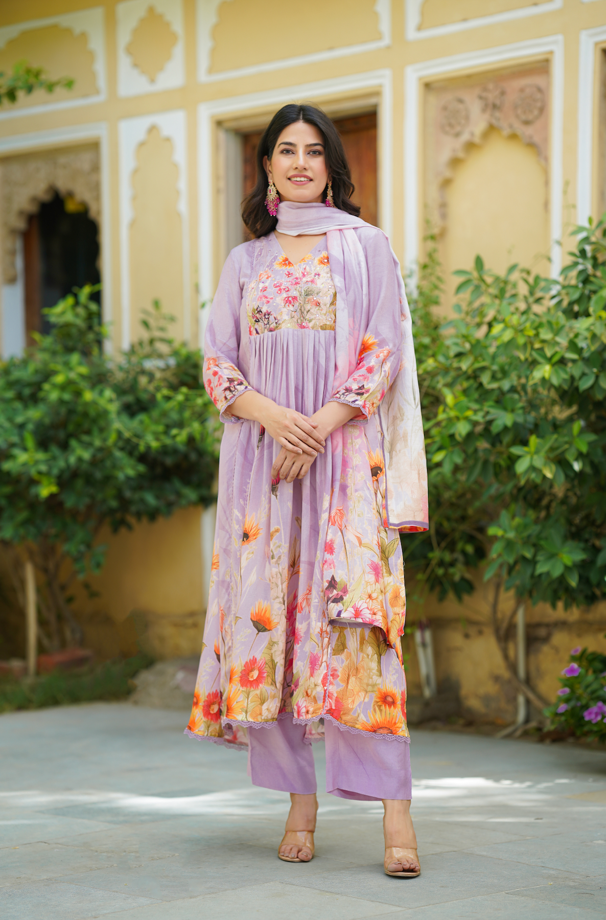 Lilac Floral print Anarkali Suit Set