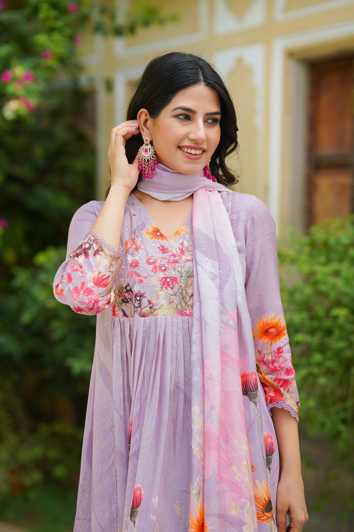Lilac Floral print Anarkali Suit Set