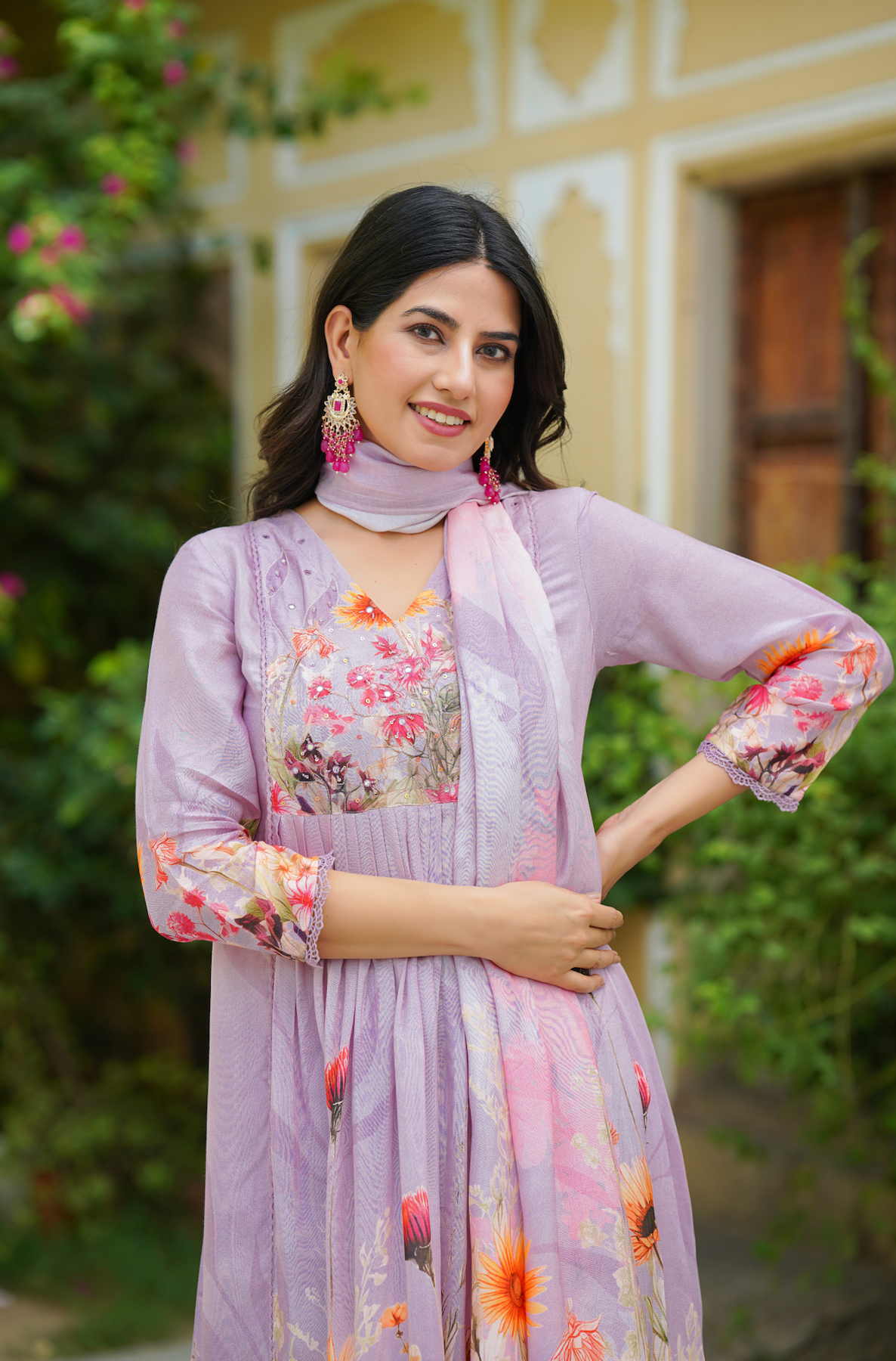 Lilac Floral print Anarkali Suit Set