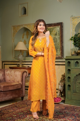 Gold Shimmer Bandhej Suit Set