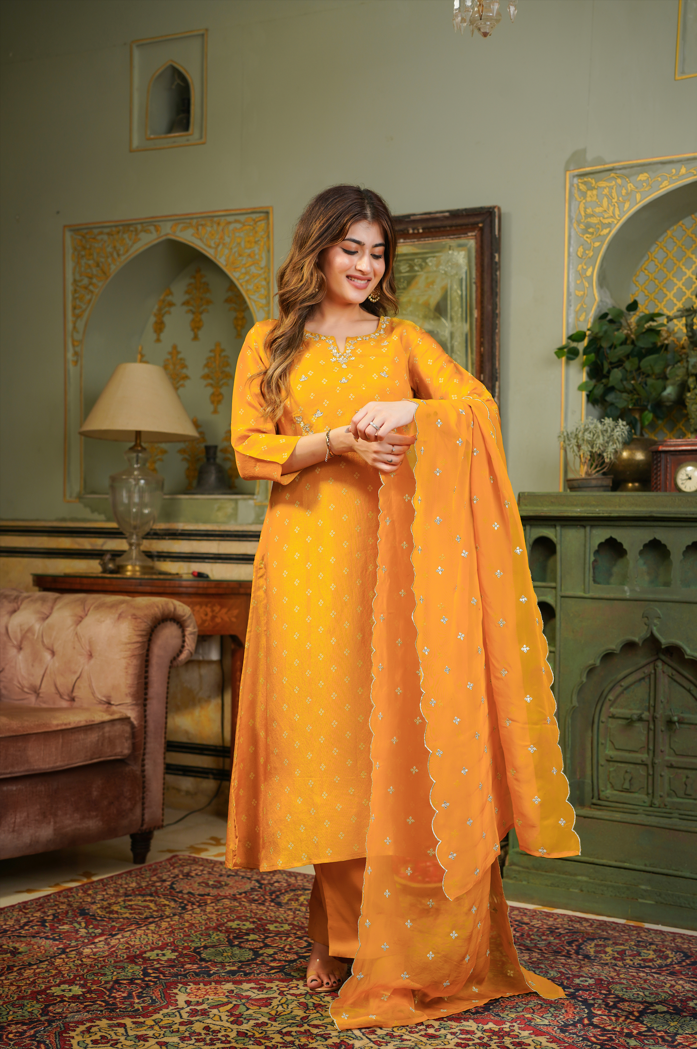 Gold Shimmer Bandhej Suit Set