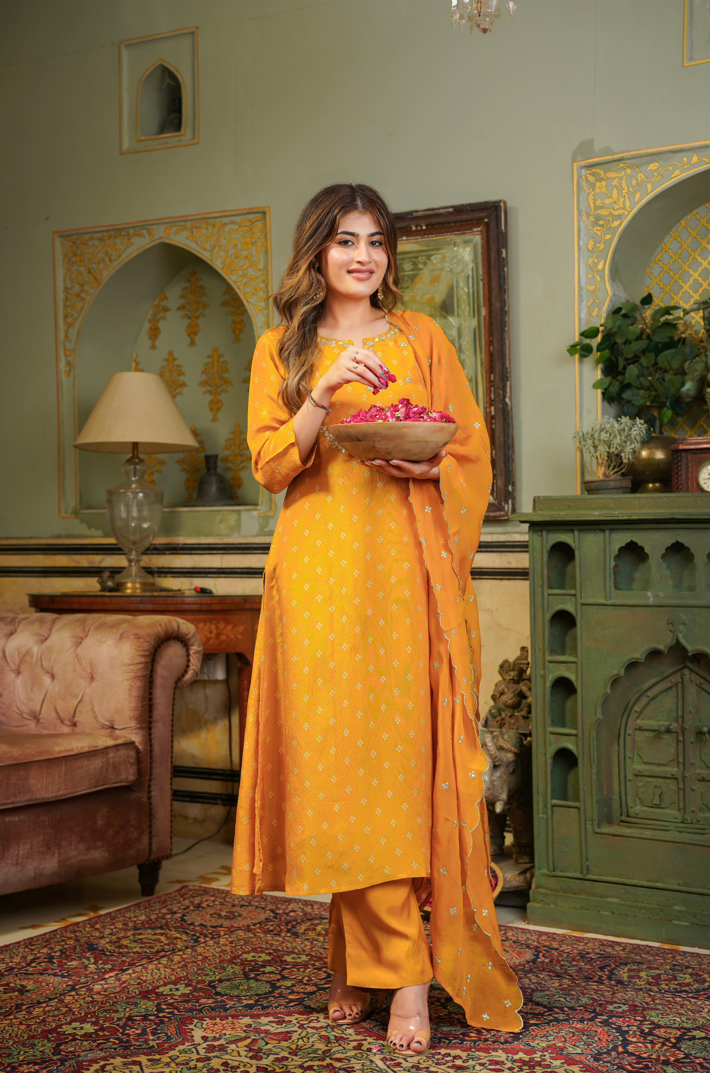 Gold Shimmer Bandhej Suit Set
