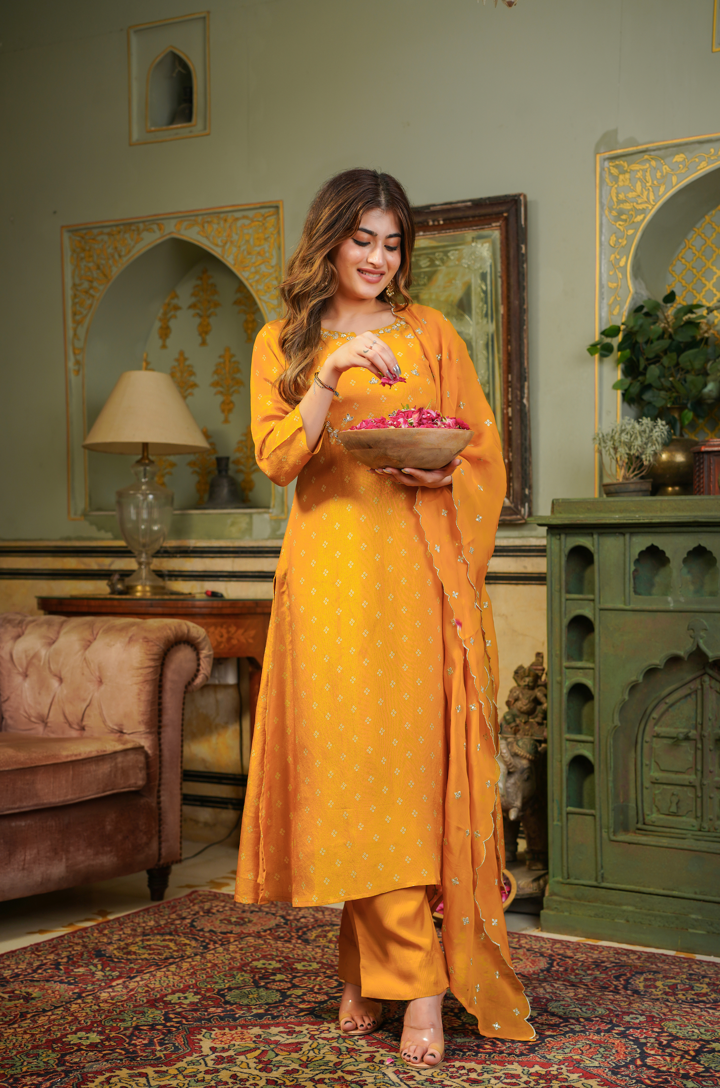 Gold Shimmer Bandhej Suit Set