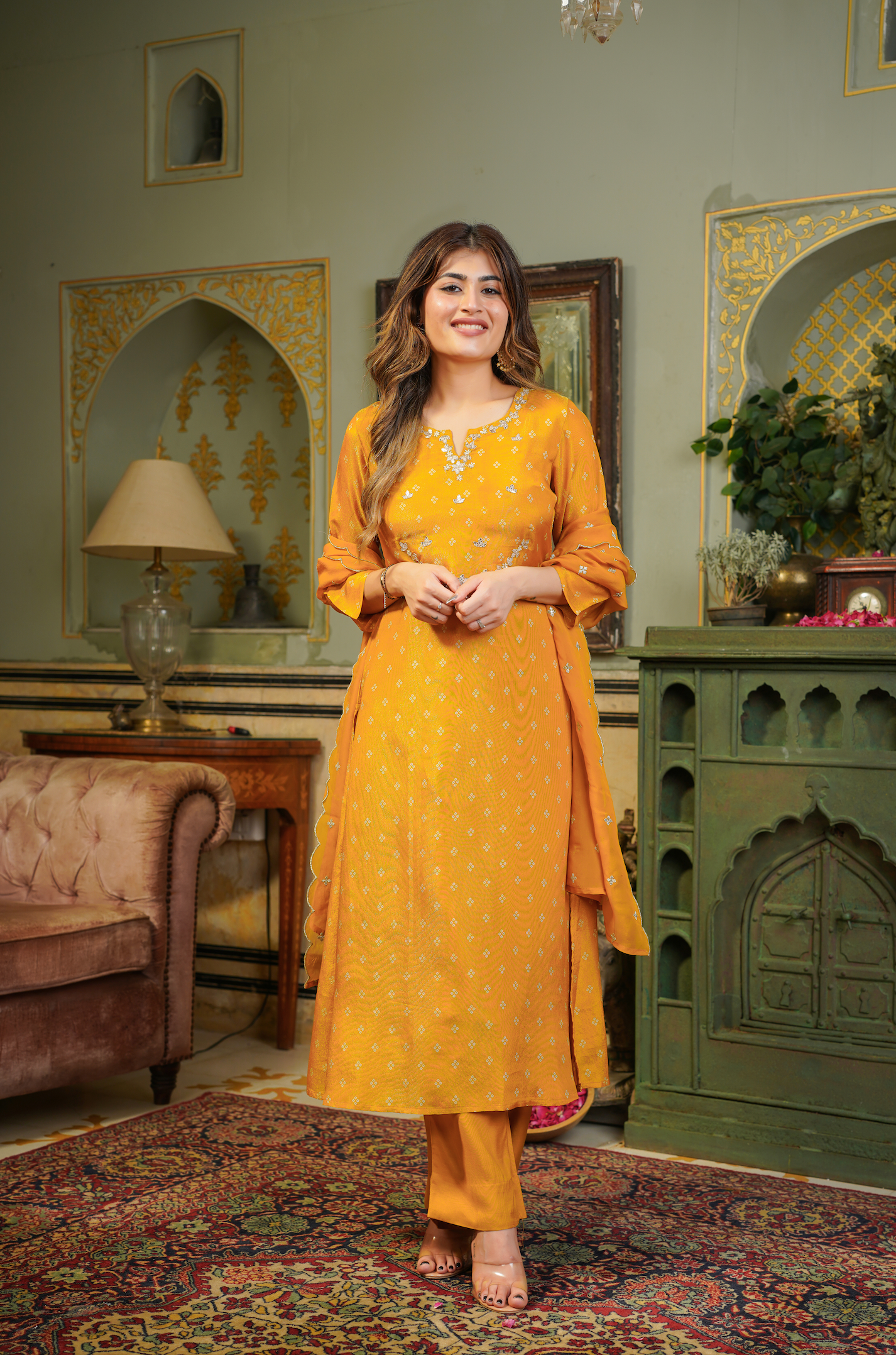 Gold Shimmer Bandhej Suit Set