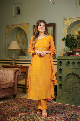 Gold Shimmer Bandhej Suit Set