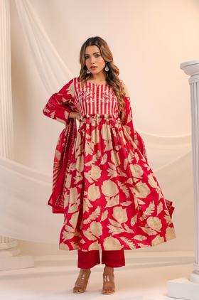 Red Bloom Cotton Suit Set