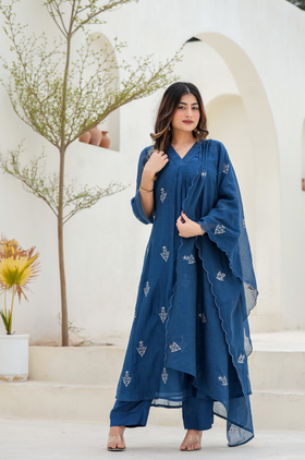 Indigo Bloom Ensemble Chanderi Suit Set