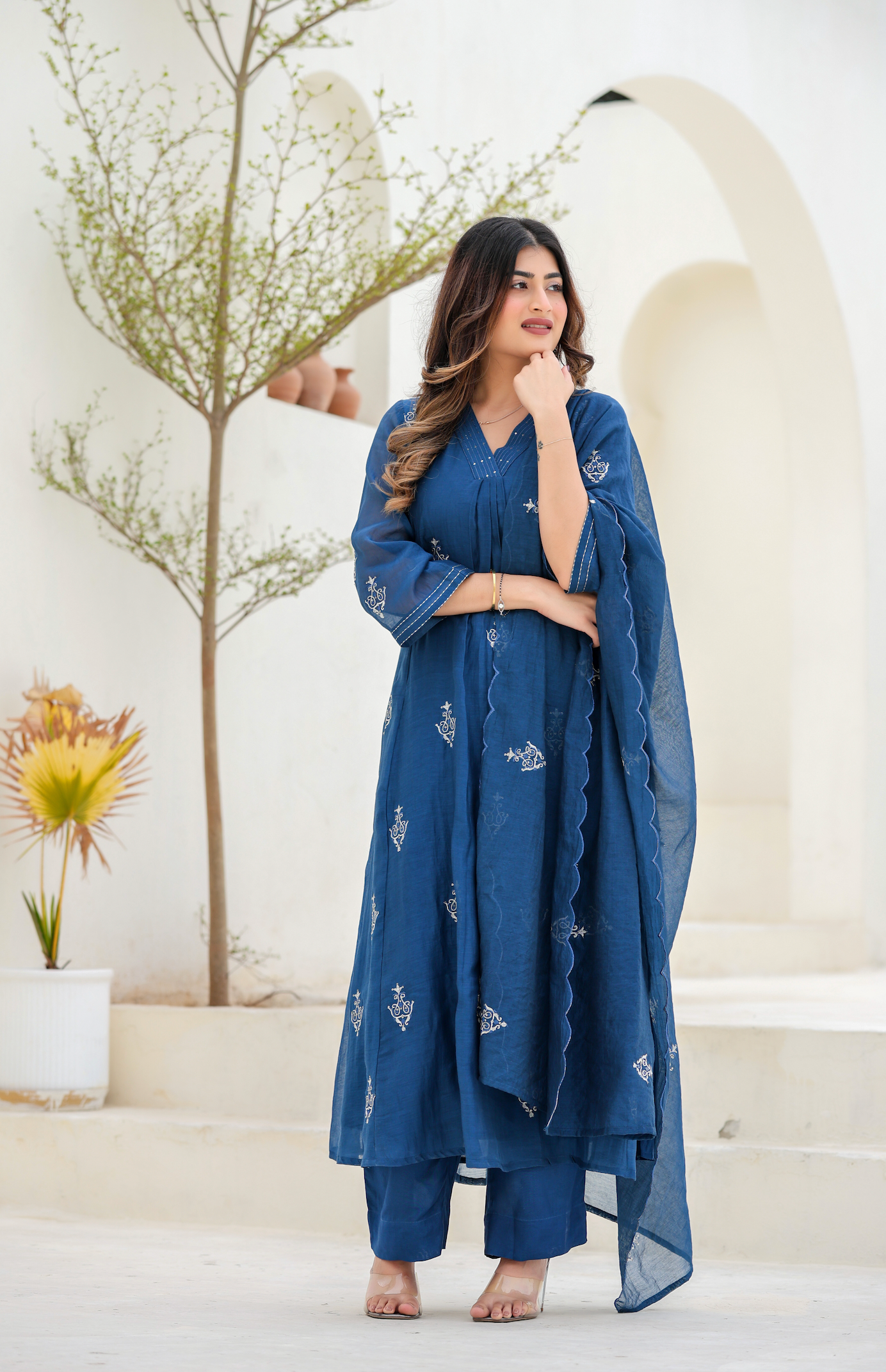 Indigo Bloom Ensemble Chanderi Suit Set