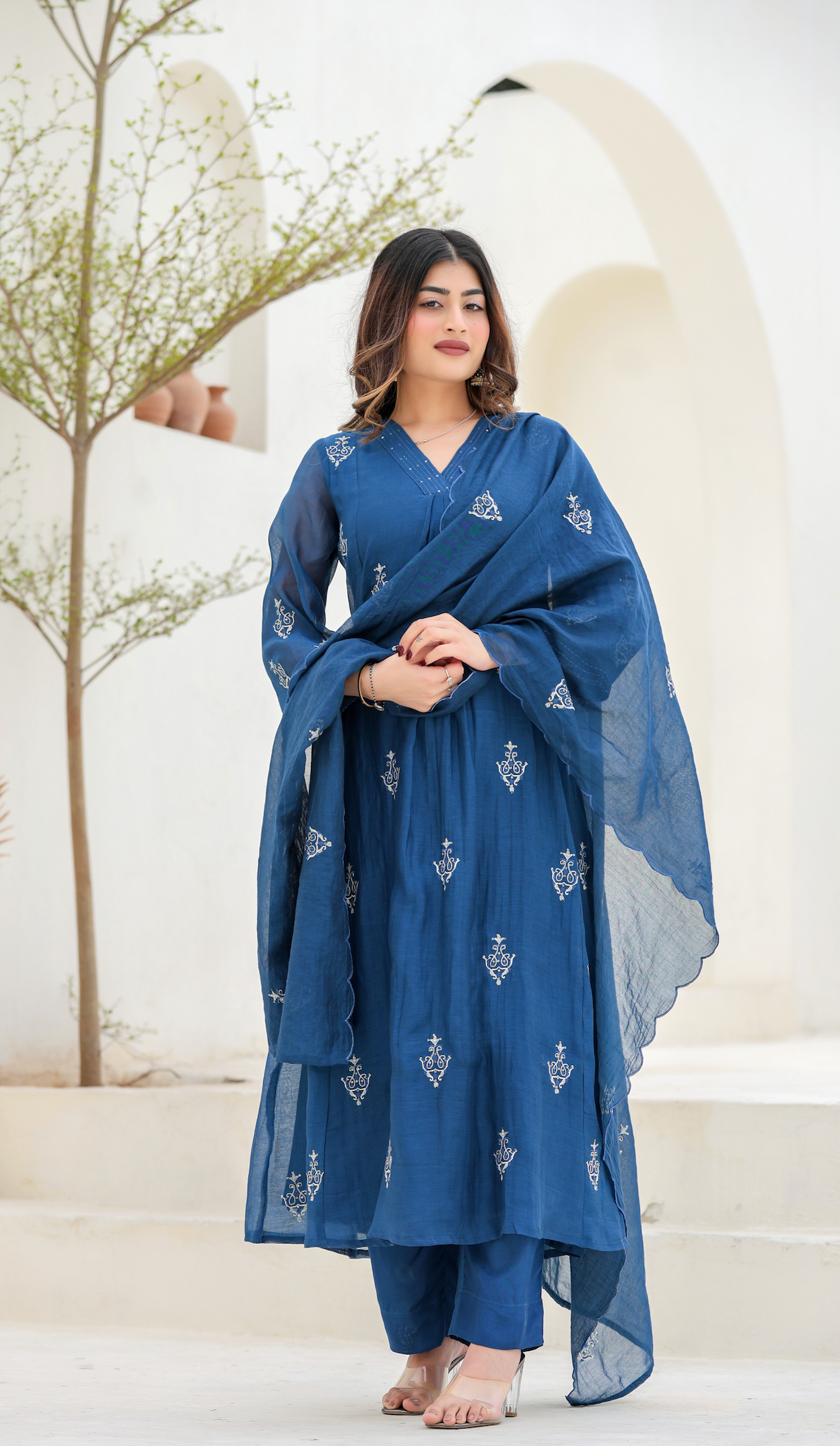 Indigo Bloom Ensemble Chanderi Suit Set