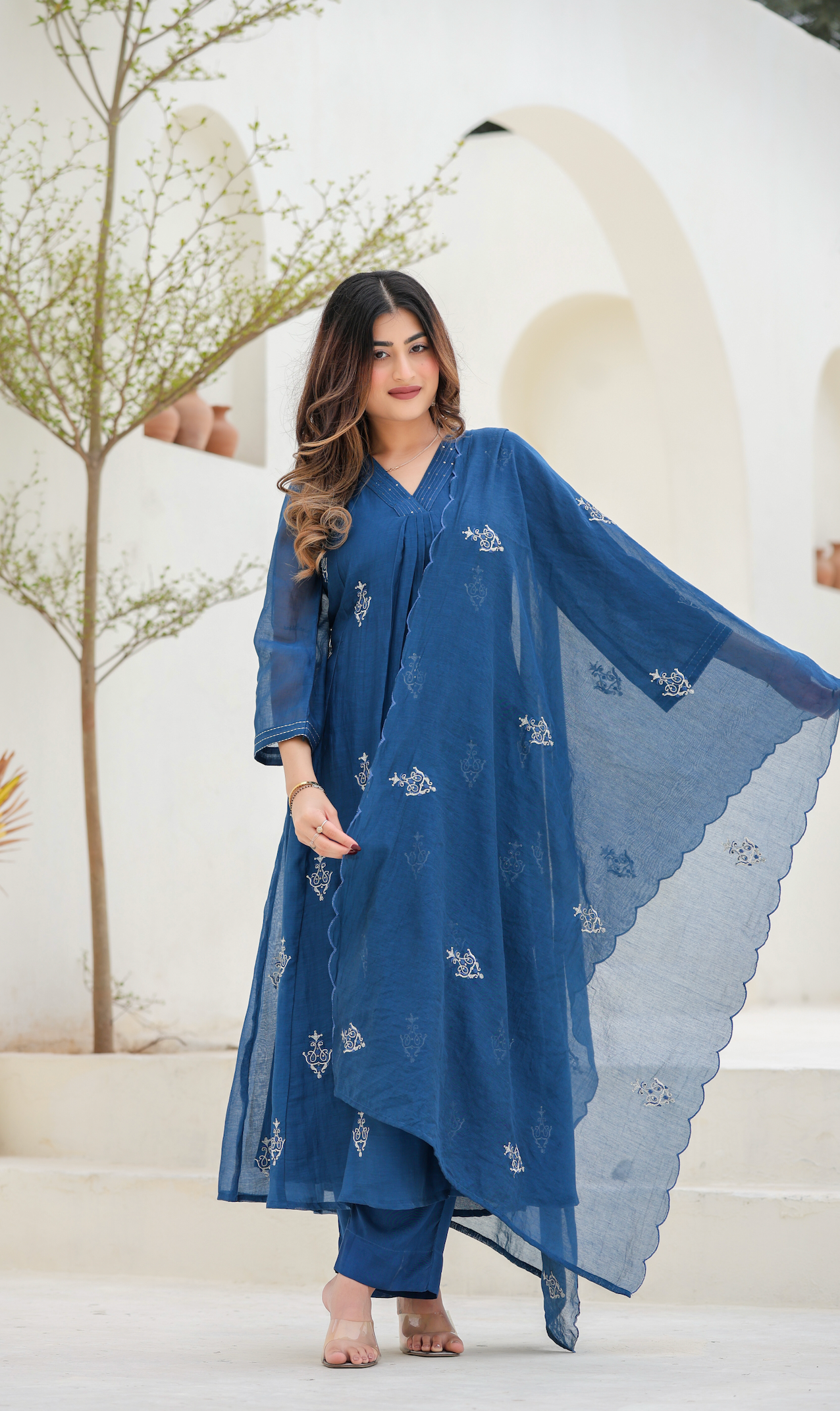 Indigo Bloom Ensemble Chanderi Suit Set