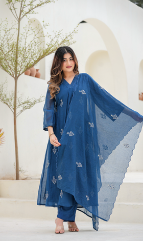 Indigo Bloom Ensemble Chanderi Suit Set