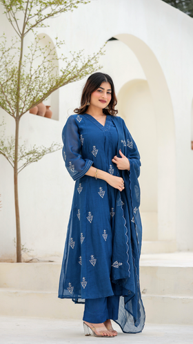 Indigo Bloom Ensemble Chanderi Suit Set