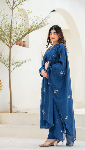 Indigo Bloom Ensemble Chanderi Suit Set