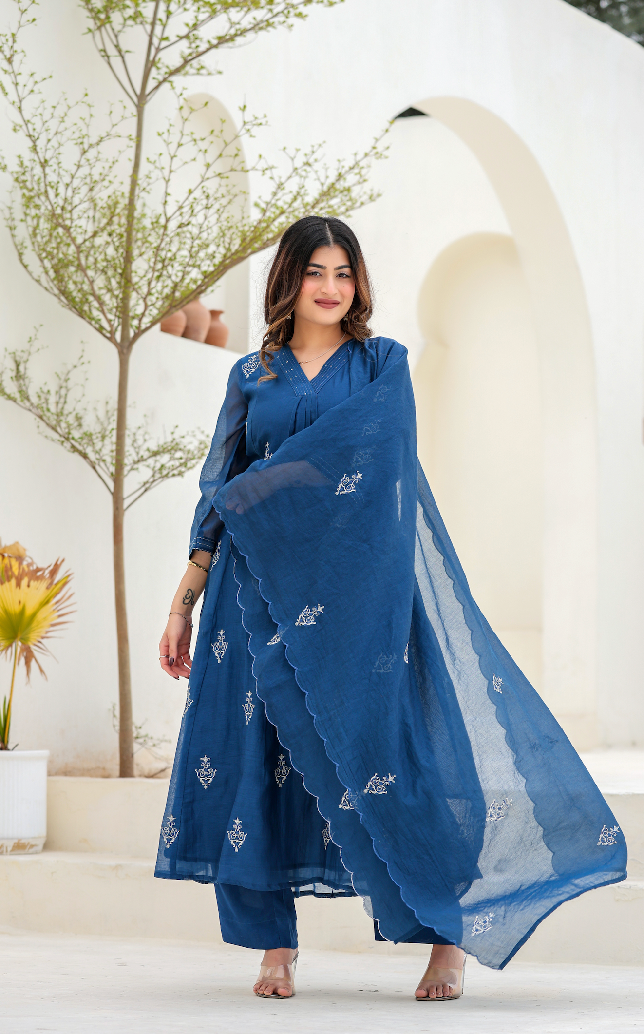Indigo Bloom Ensemble Chanderi Suit Set