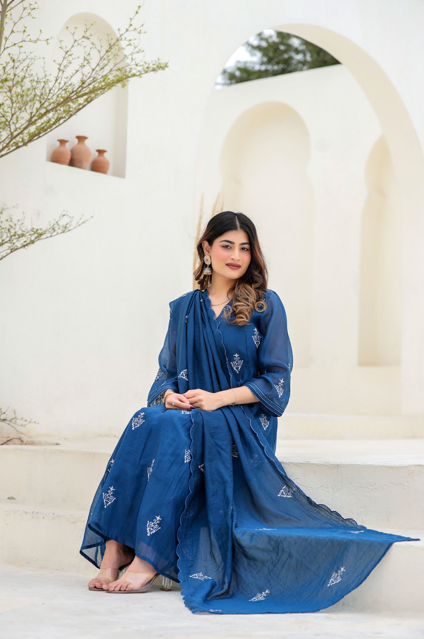 Indigo Bloom Ensemble Chanderi Suit Set