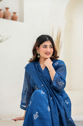 Indigo Bloom Ensemble Chanderi Suit Set