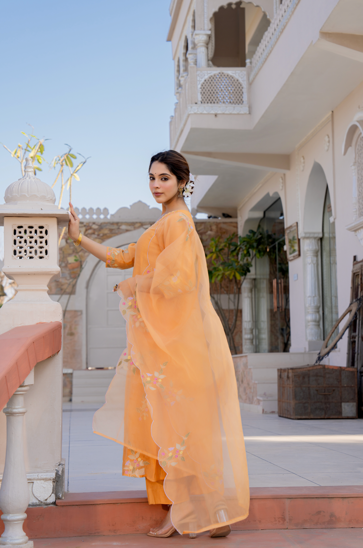 Coral Flame Mul Chanderi Suit Set