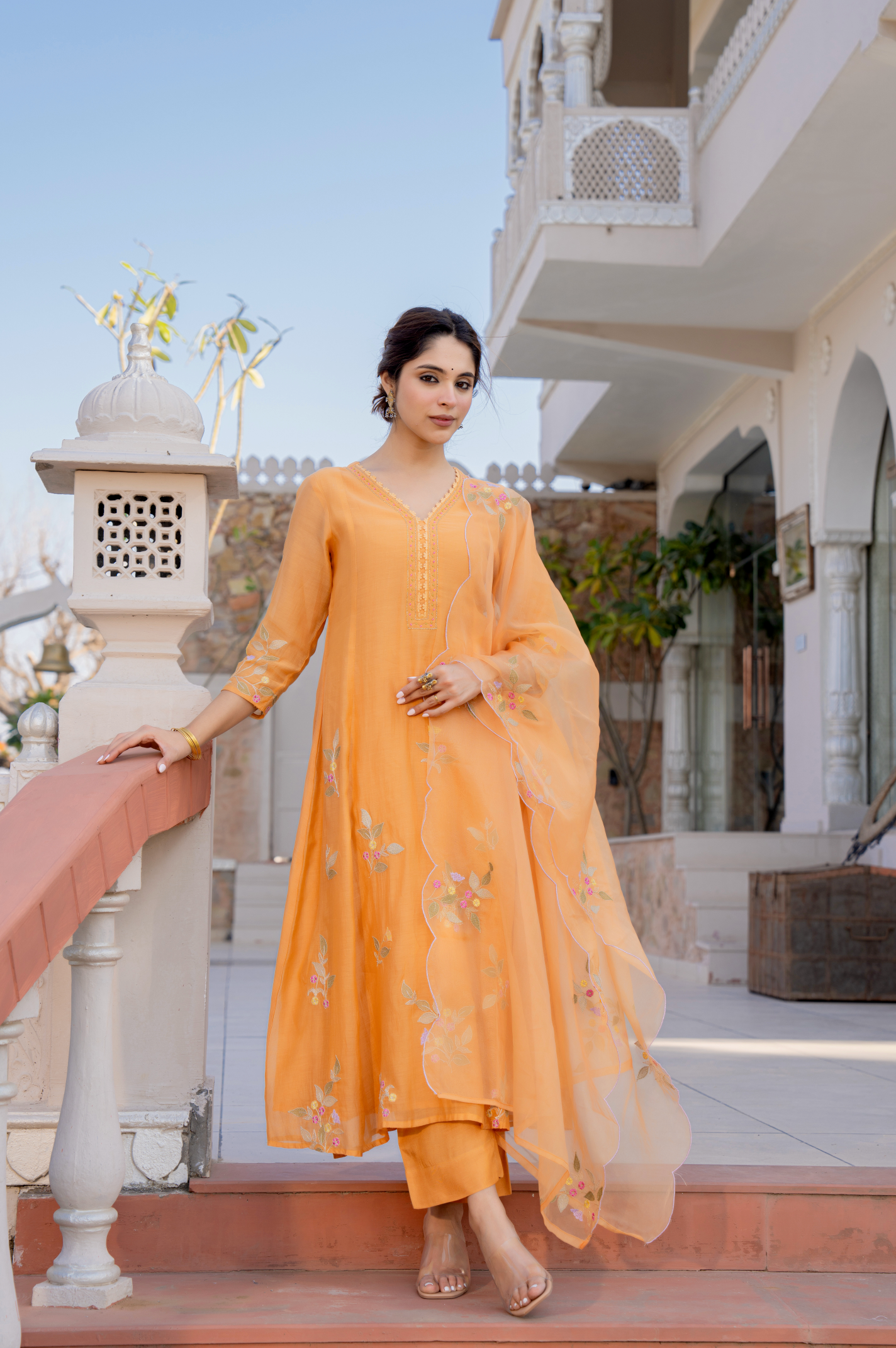 Coral Flame Mul Chanderi Suit Set