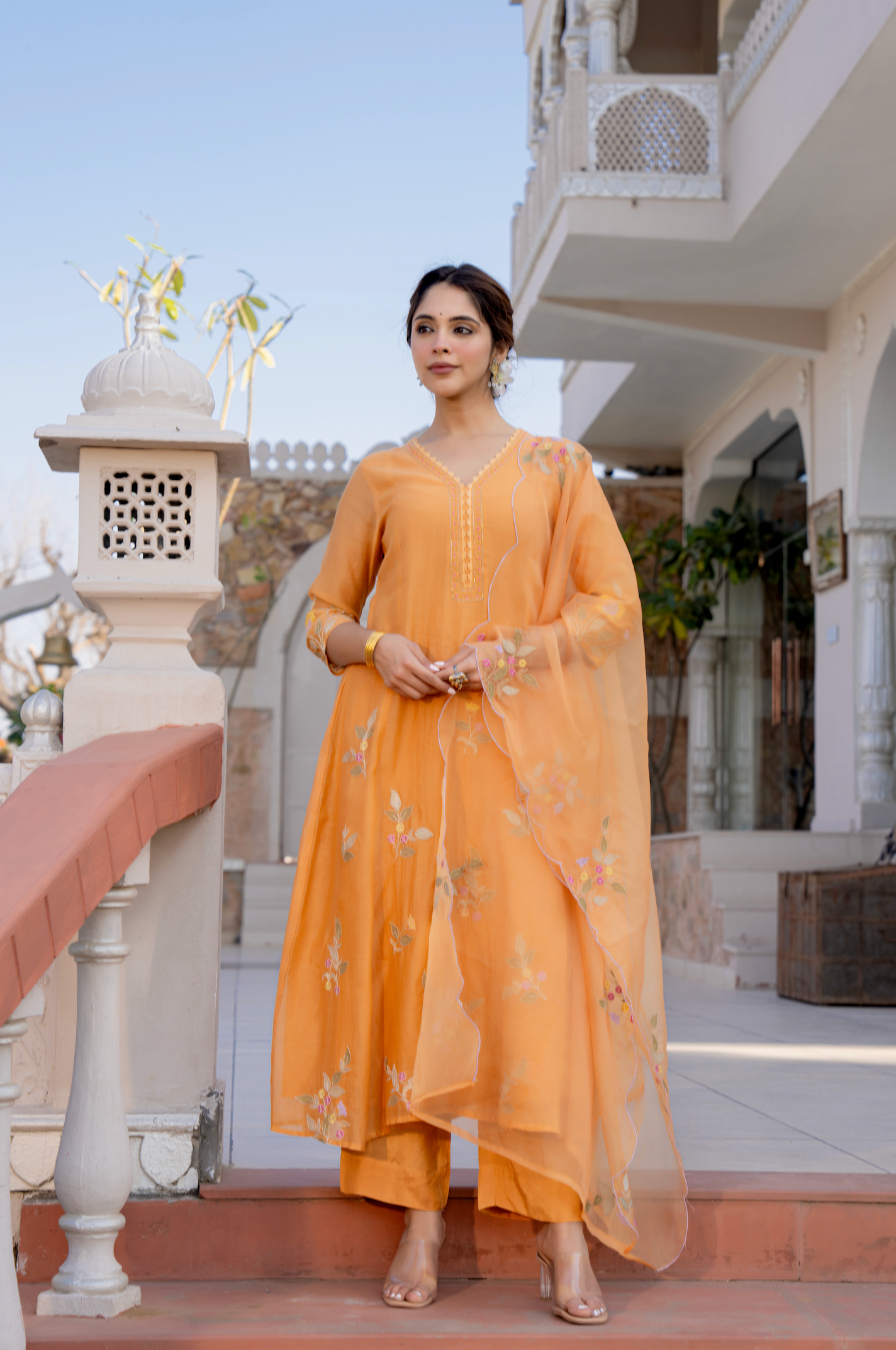 Coral Flame Mul Chanderi Suit Set