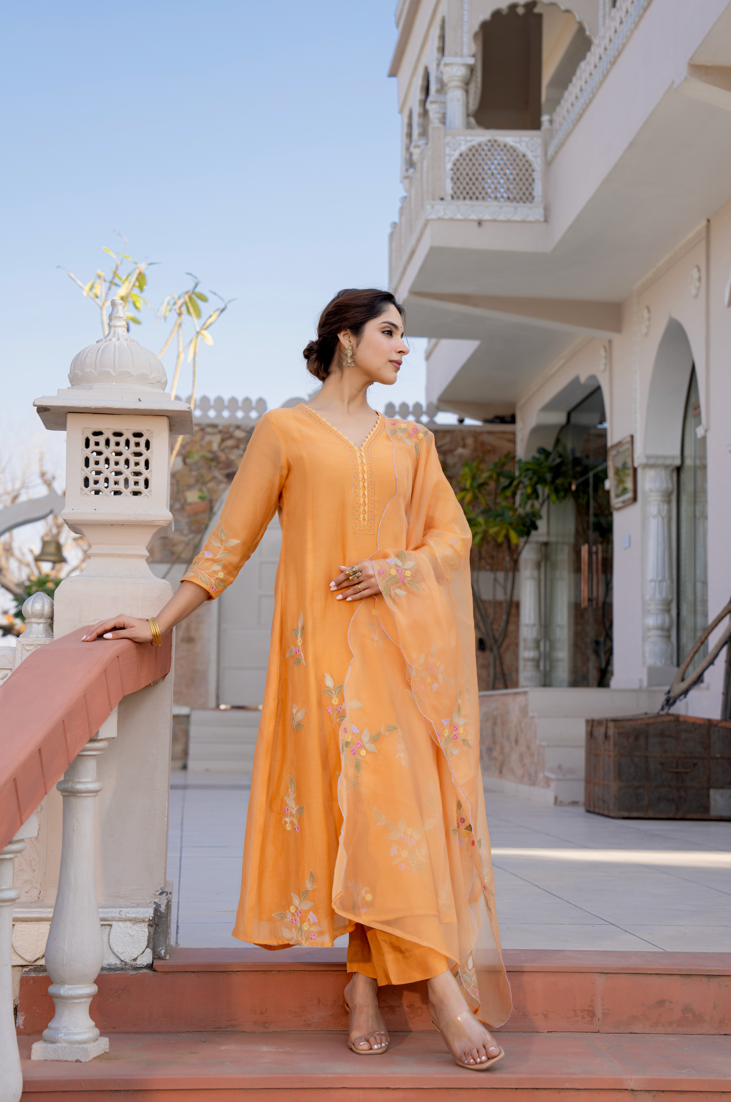 Coral Flame Mul Chanderi Suit Set