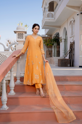 Coral Flame Mul Chanderi Suit Set
