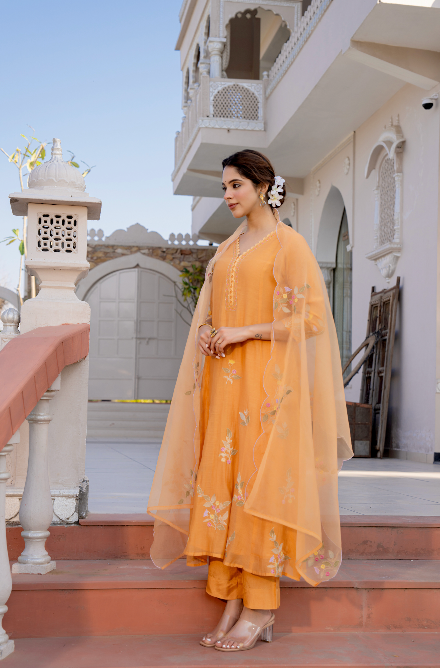 Coral Flame Mul Chanderi Suit Set