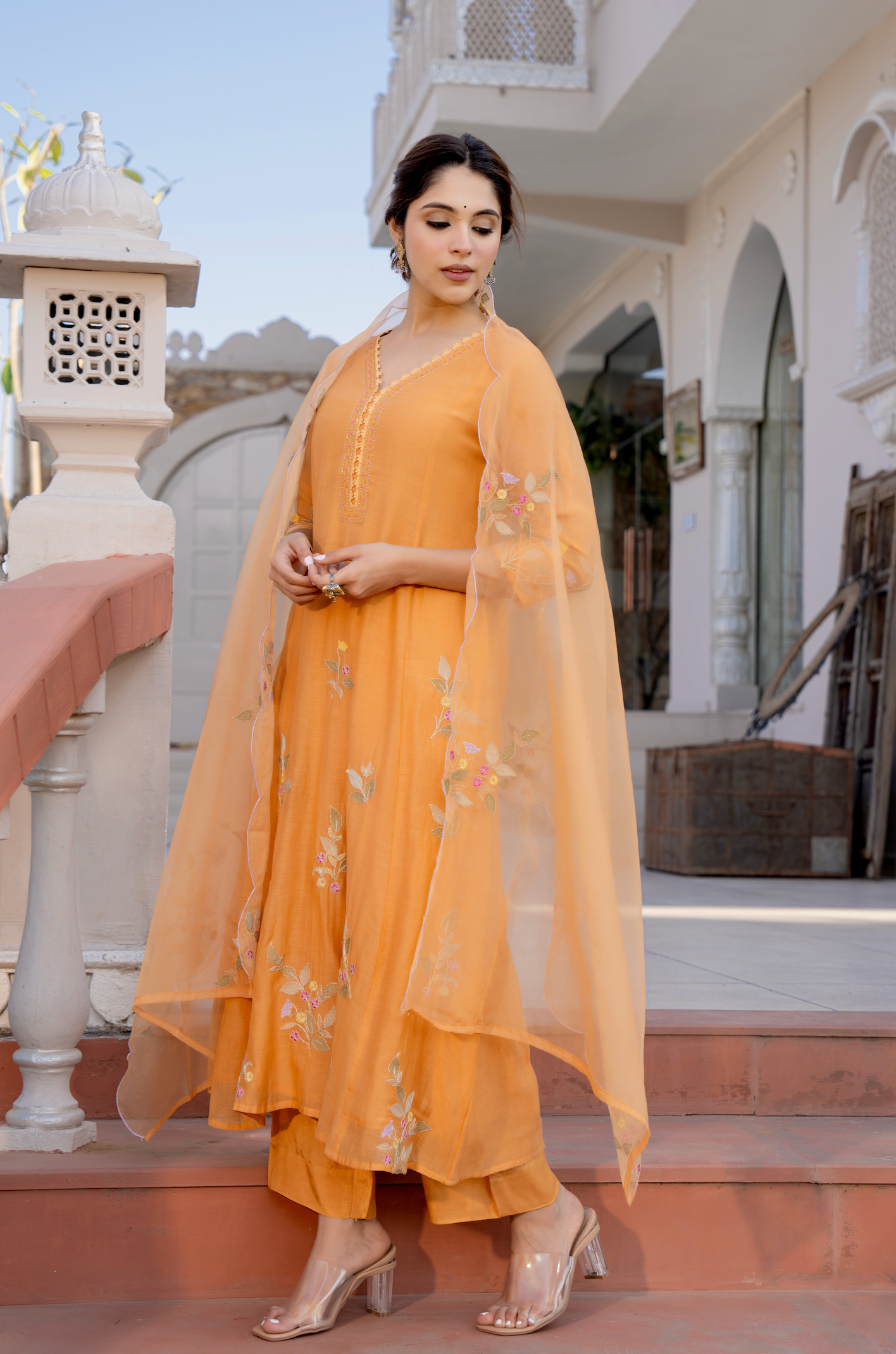 Coral Flame Mul Chanderi Suit Set