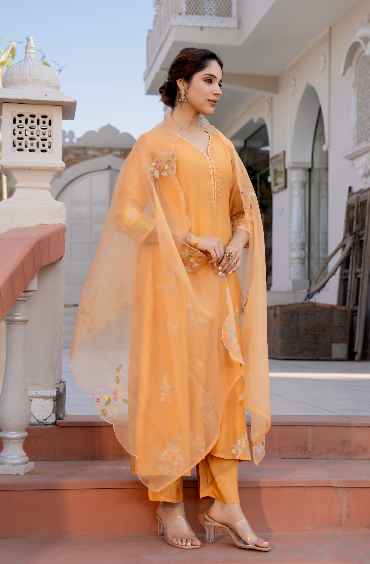 Coral Flame Mul Chanderi Suit Set