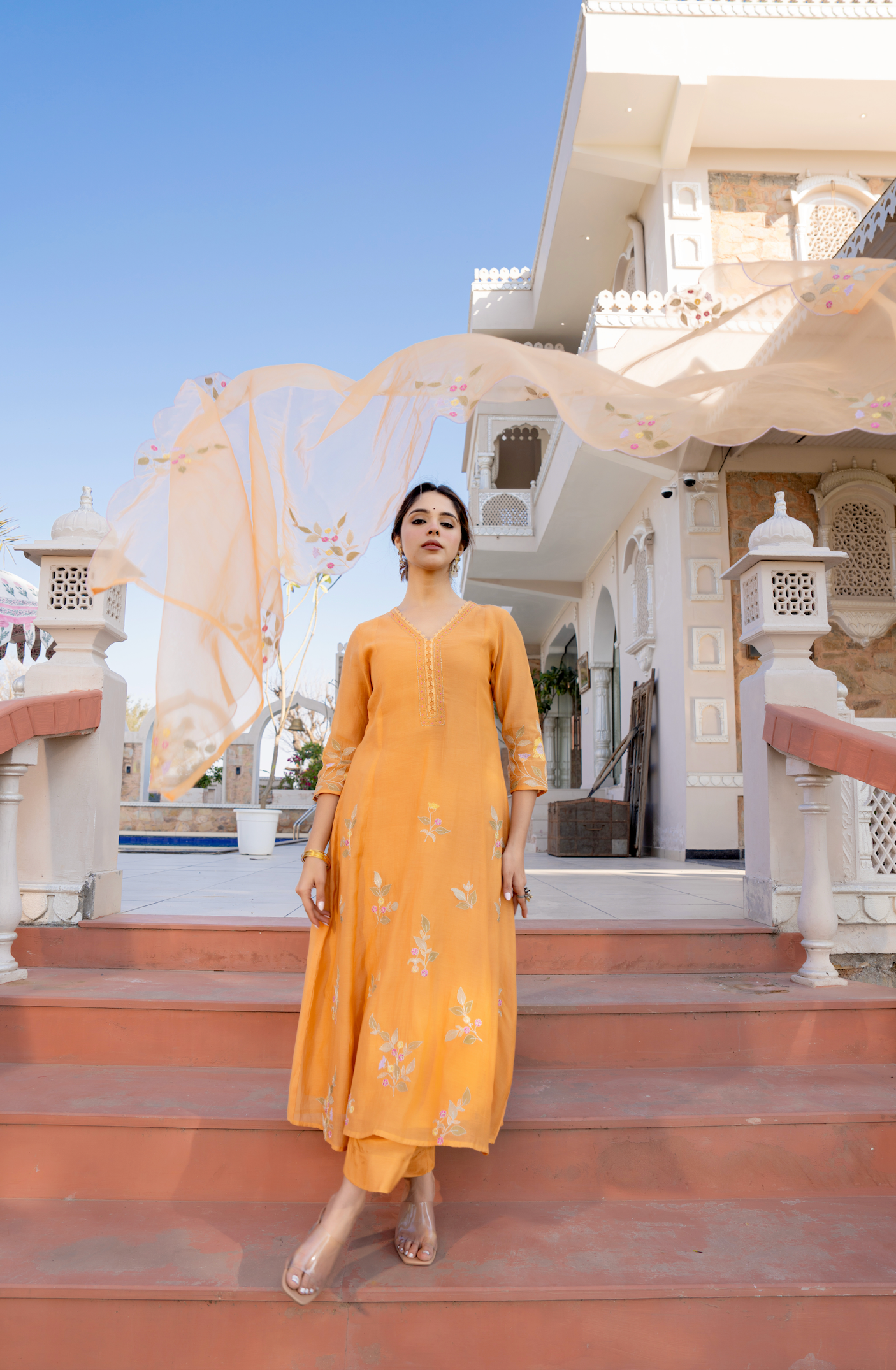 Coral Flame Mul Chanderi Suit Set