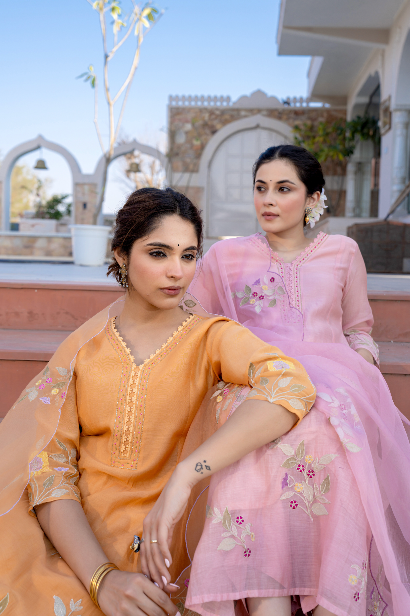 Coral Flame Mul Chanderi Suit Set