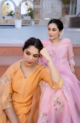 Coral Flame Mul Chanderi Suit Set
