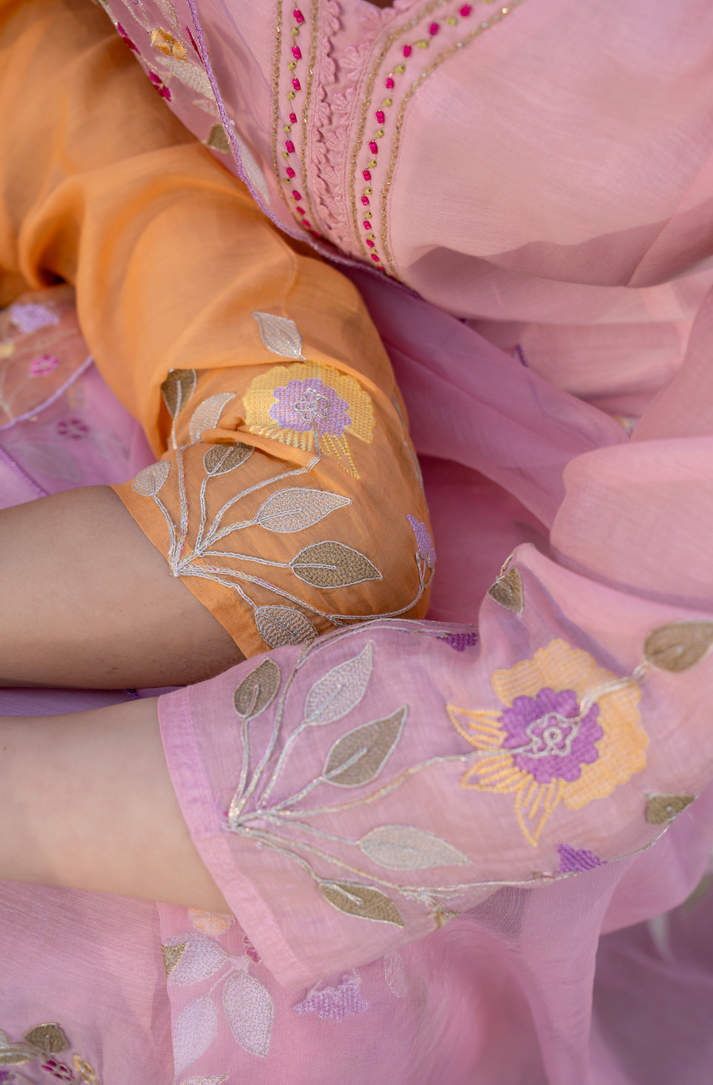 Coral Flame Mul Chanderi Suit Set