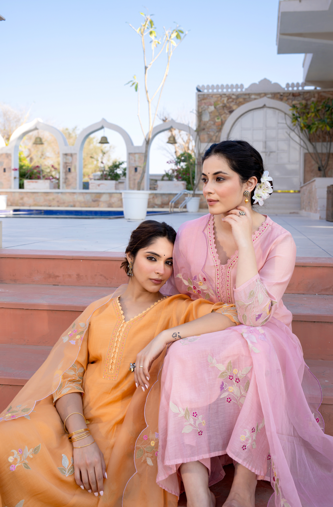 Coral Flame Mul Chanderi Suit Set
