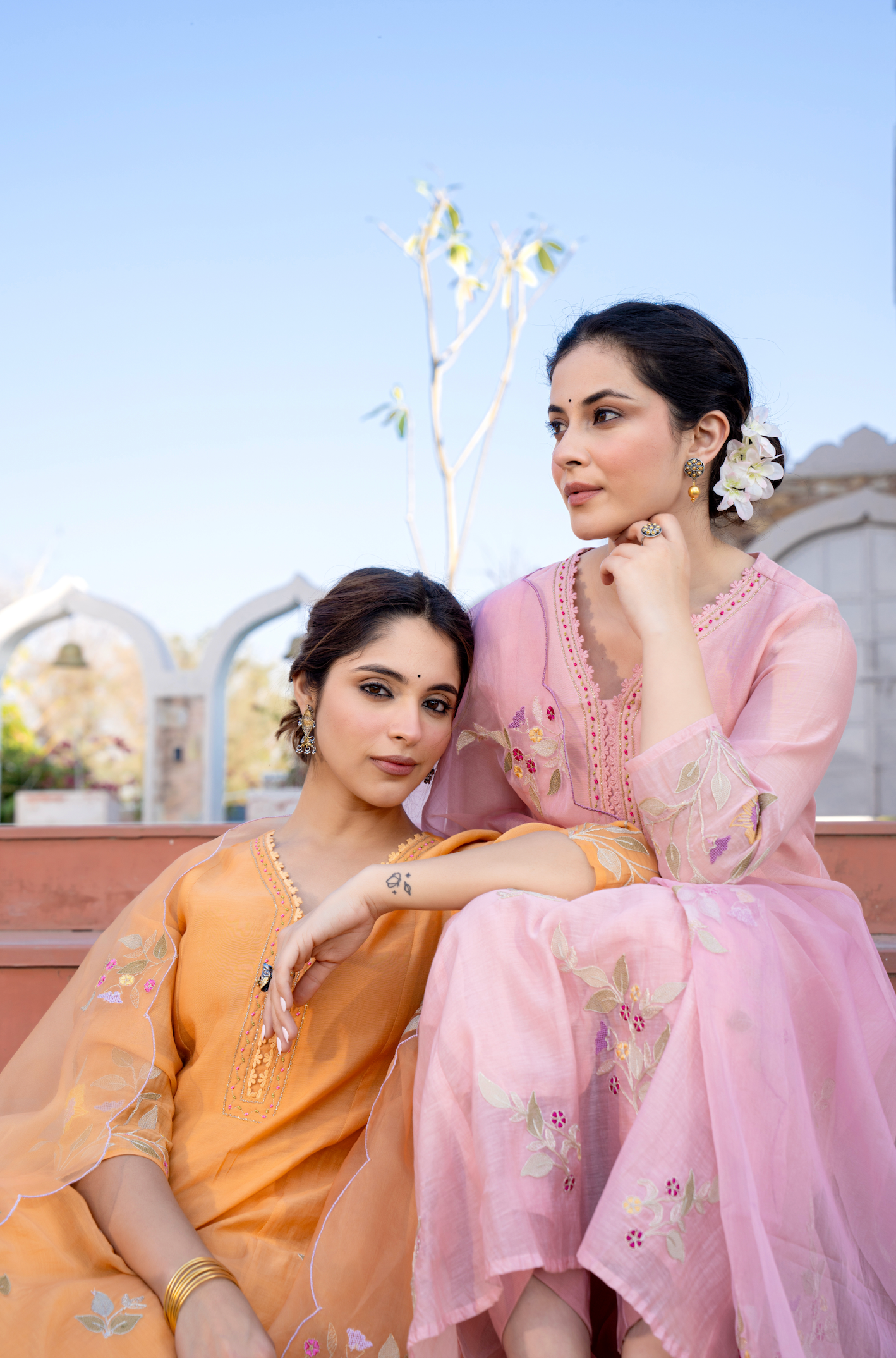 Coral Flame Mul Chanderi Suit Set