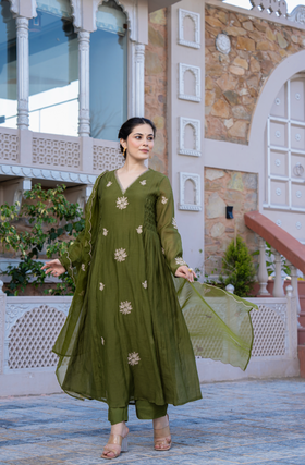 Olive Bloom Chanderi Suit Set