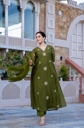 Olive Bloom Chanderi Suit Set