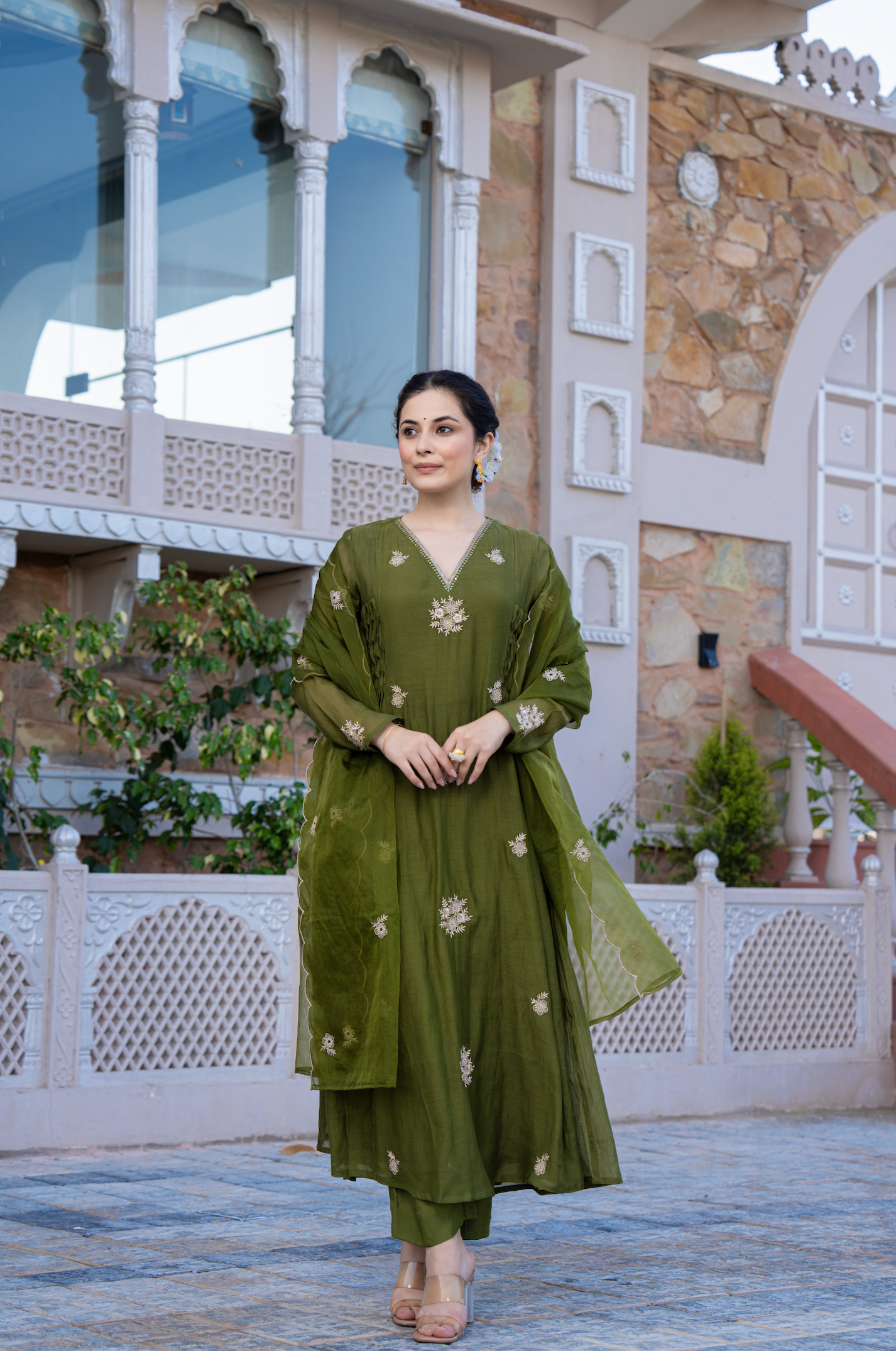Olive Bloom Chanderi Suit Set