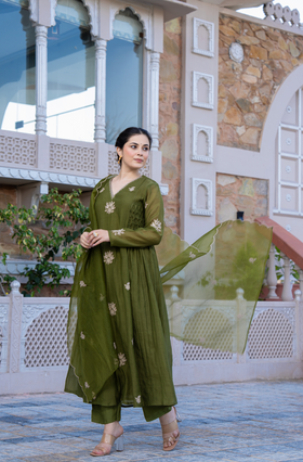 Olive Bloom Chanderi Suit Set