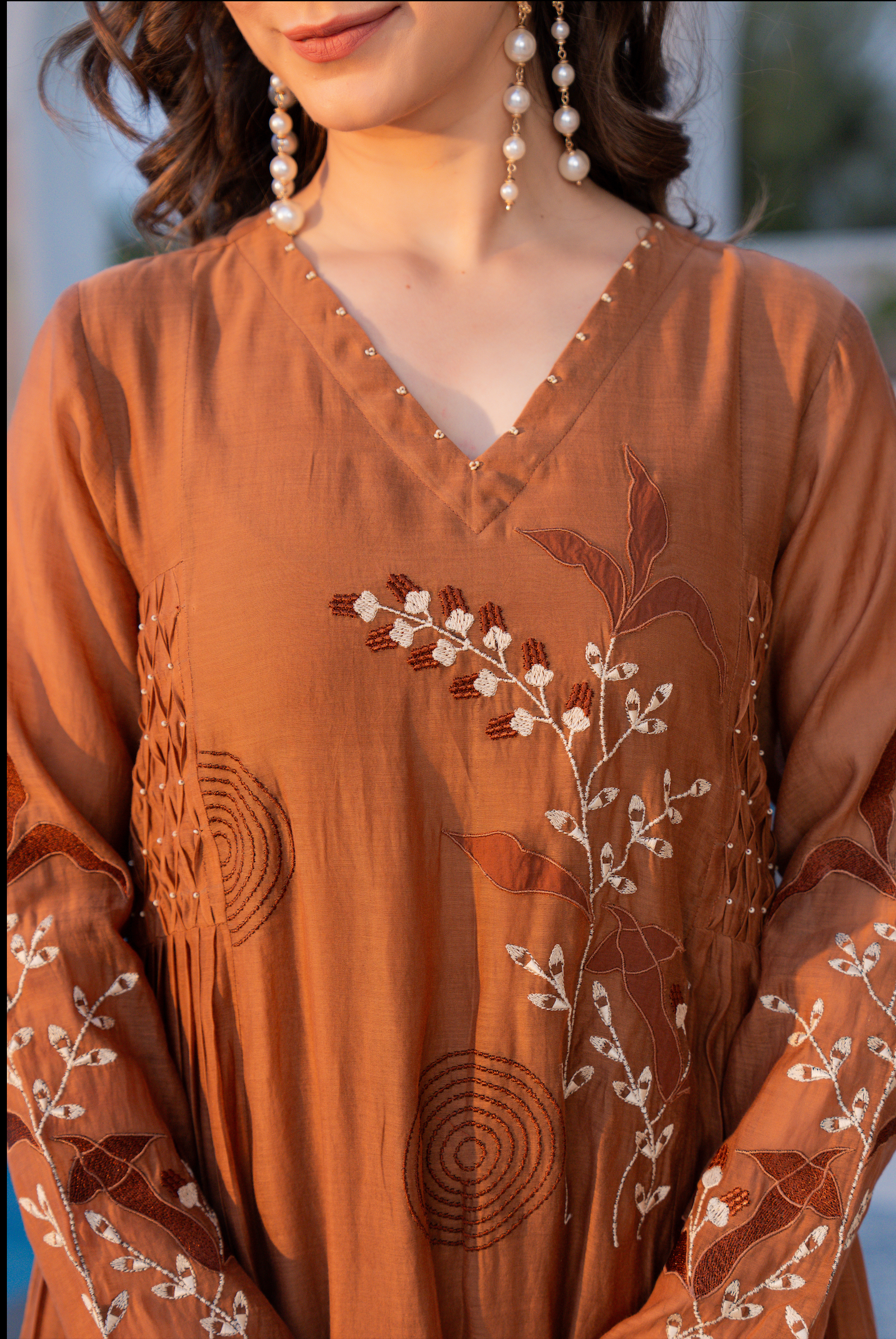 Mocha Bloom Chanderi Suit Set