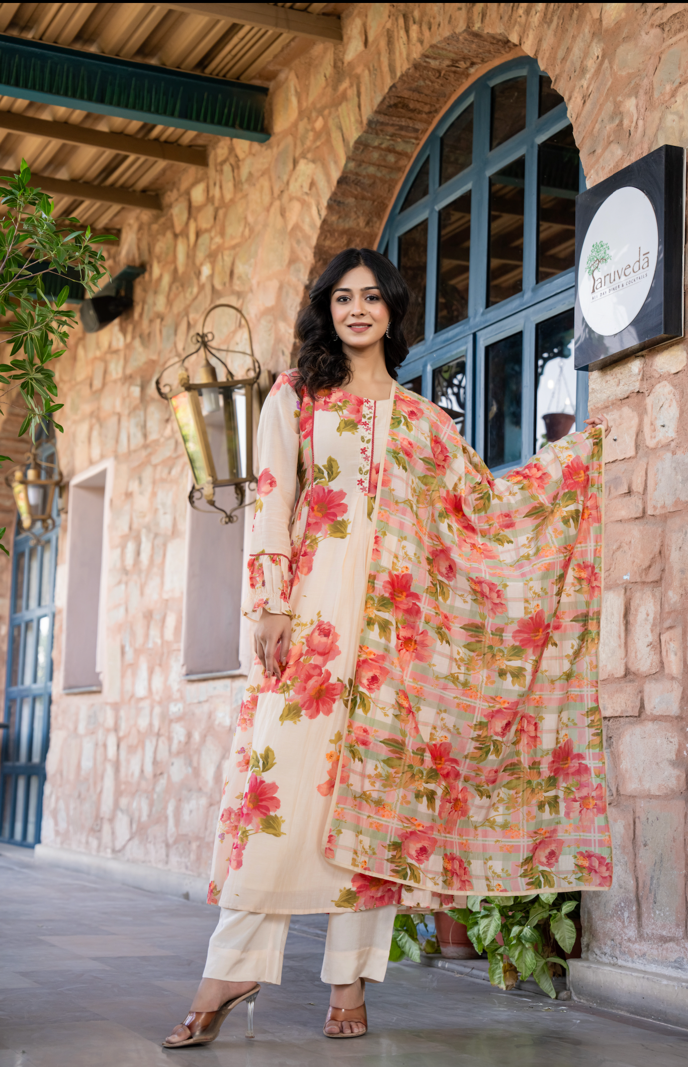 Cream Petals Mulmul Suit Set