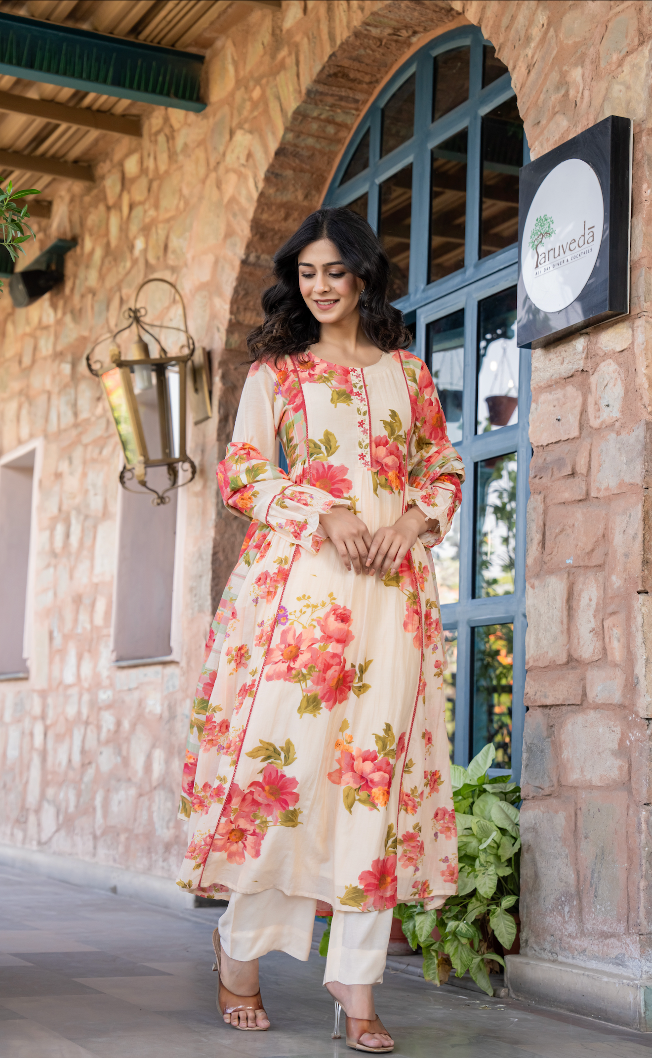Cream Petals Mulmul Suit Set