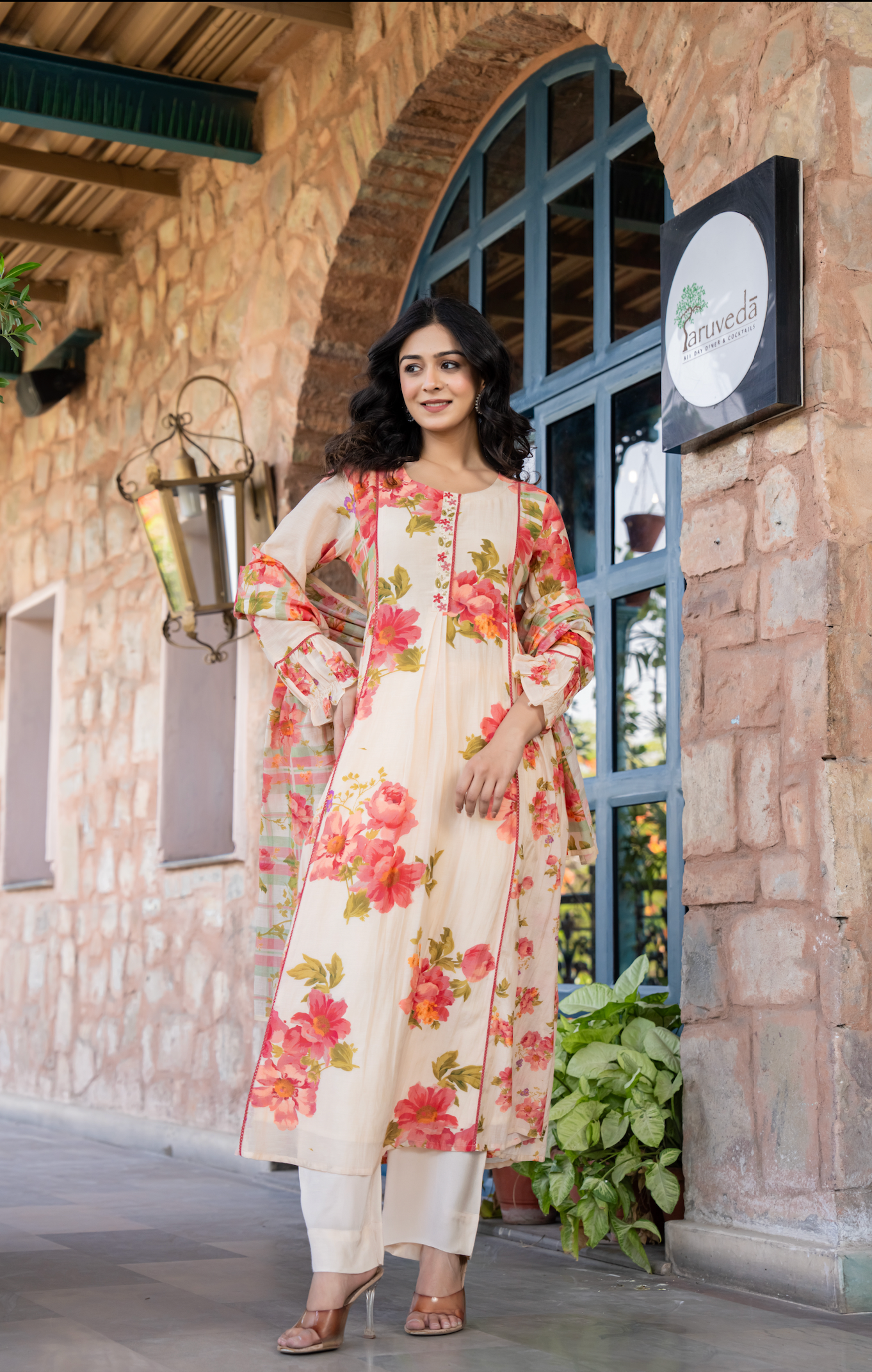 Cream Petals Mulmul Suit Set