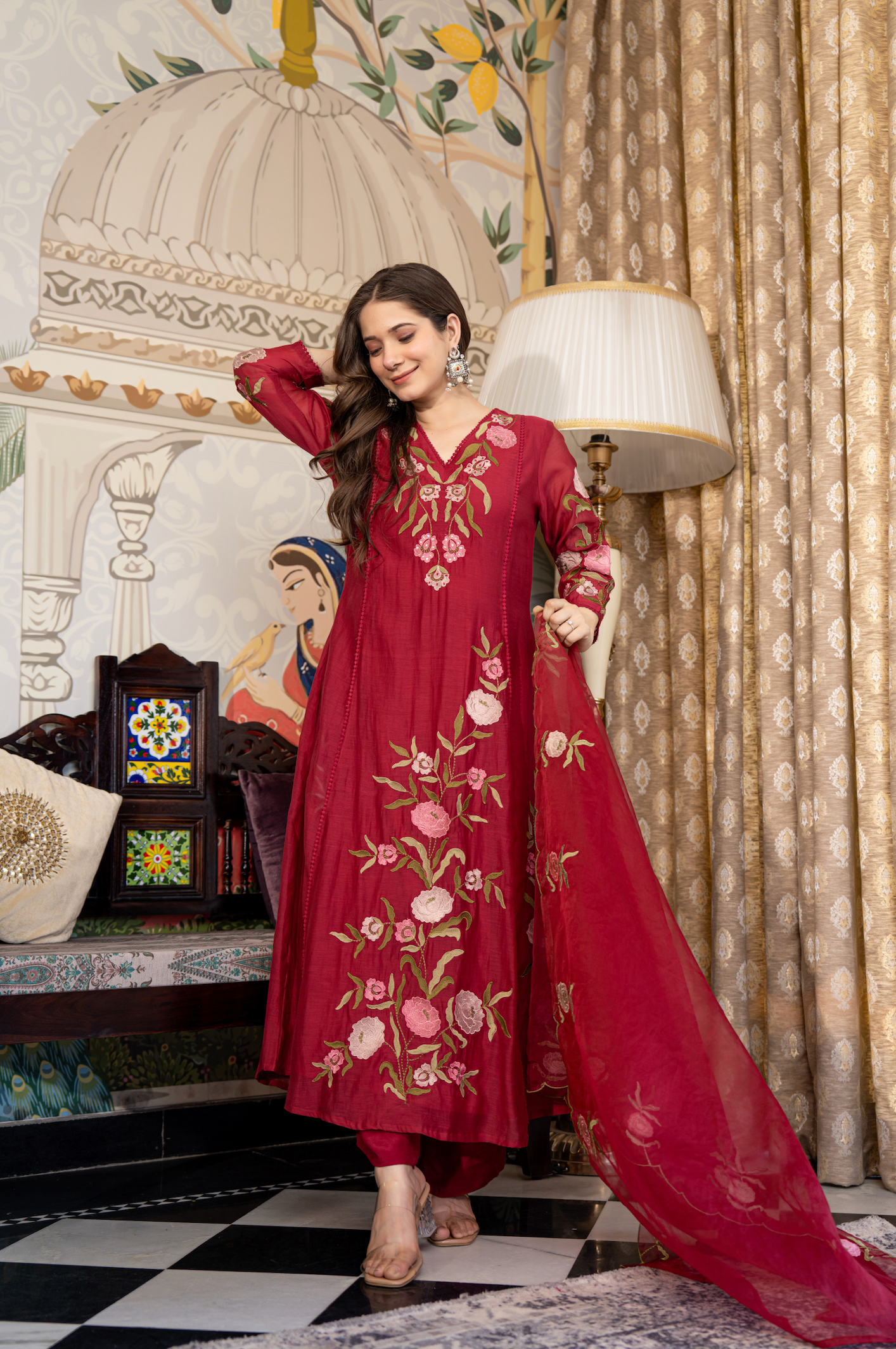 Blushed Burgundy Mul Chanderi Suit Set